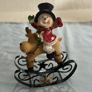 Rocking Reindeer With Snowman Christmas Small Figurine Decor
